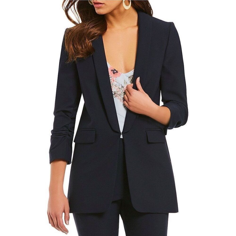 Gianni Bini Navy Blue Jemma Ruched 3/4 Sleeve Shawl Collar Twill Boyfriend Blaze